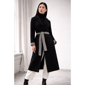 Dawn Levy Celine Black Wool Blend Long Coat Houndstooth Lined NWT XL